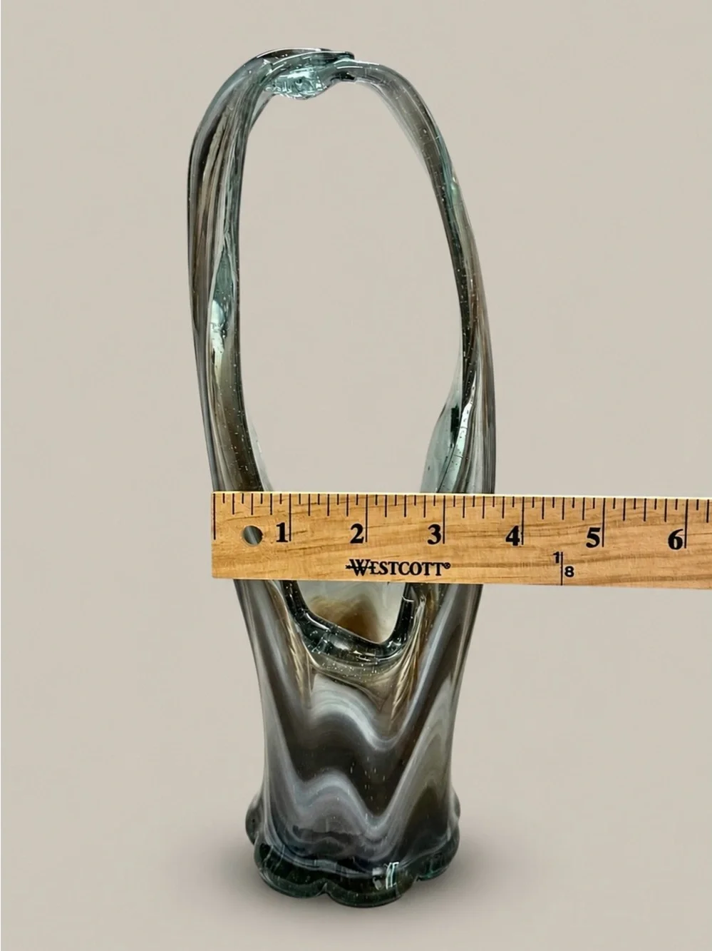 Murano Style Hand Blown Art Glass Basket Vase Blue Gray Swirl Controlled Bubble